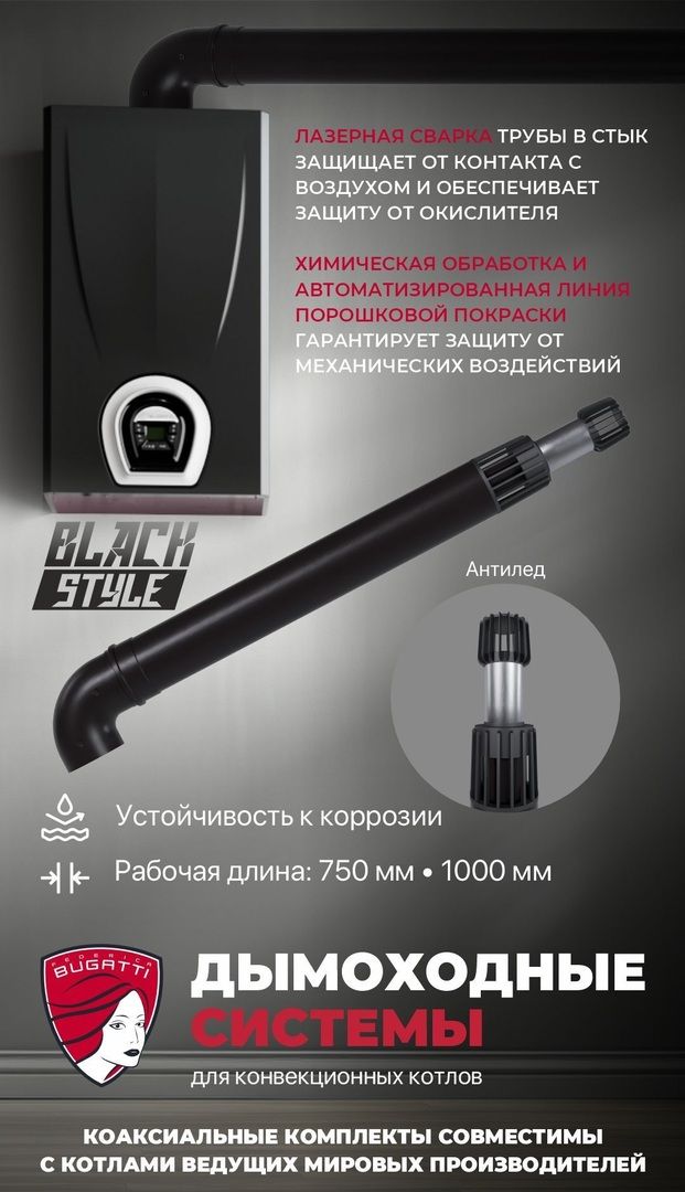 Комплект коаксиального дымохода Federica Bugatti 60/100 L1000 с анти BLACK фото#2
