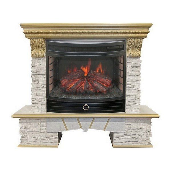 Электрокамин Real-Flame Rockland LUX 25/25,5 WT-619G с очагом Firefield 25 S IR с золотым обрамлением