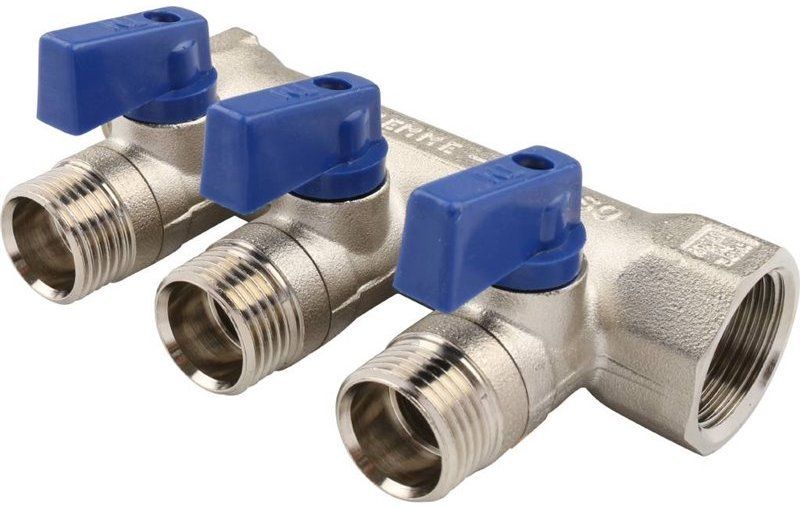 Коллектор распределительный TIEMME 3/ 4"x1/2 на 3 выхода, никель, с наружной резьбой