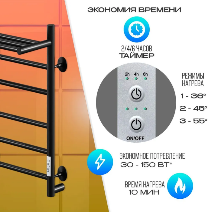Электрический полотенцесушитель лесенка Ника WAY-2 60/50 RAL9005 черный матовый правый тэн фото#3