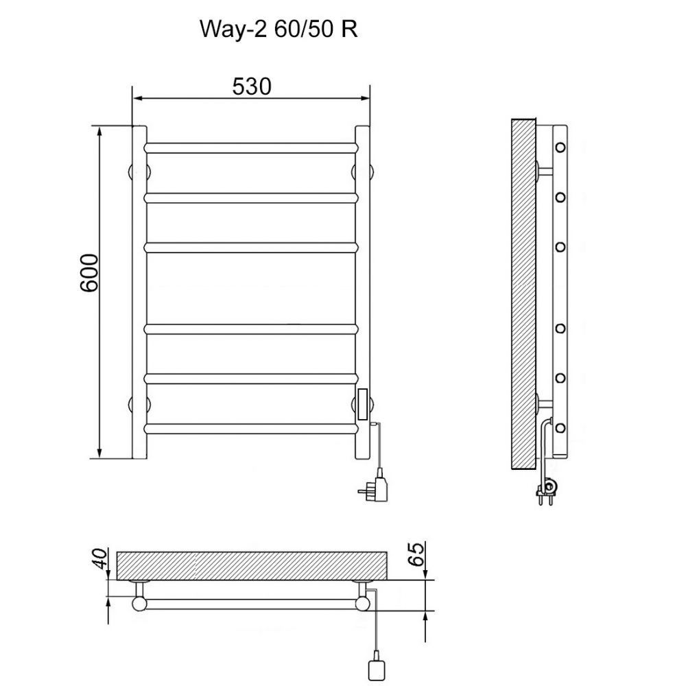Электрический полотенцесушитель лесенка Ника WAY-2 60/50 RAL9005 черный матовый правый тэн фото#4