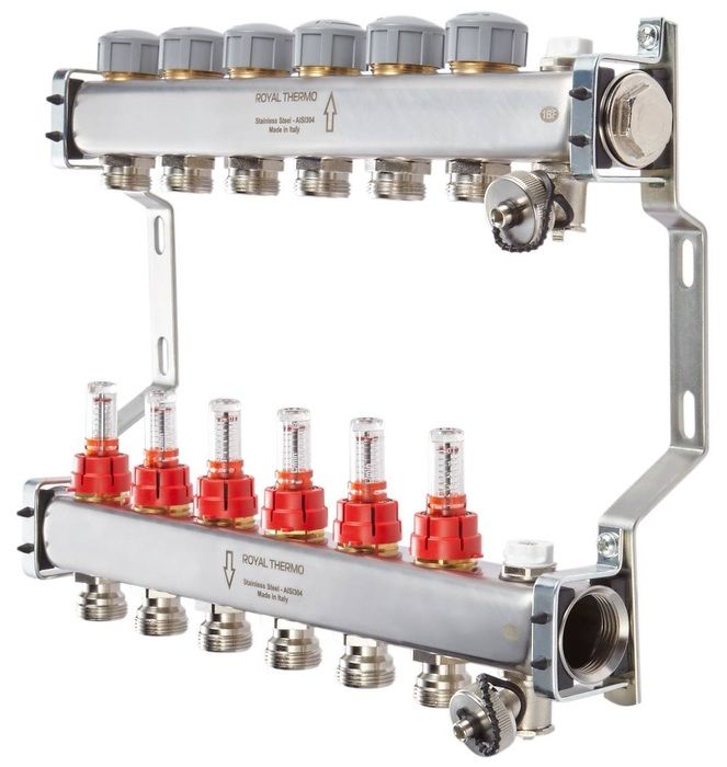 Для отопления Royal Thermo 1" ВР-3/4" НР, 10 выходов с расходомерами, нерж. (RTE 52.110)
