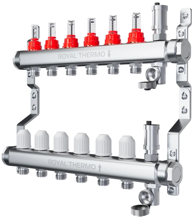 Для отопления Royal Thermo 1" ВР-3/4" НР, 4 выхода с расходомерами, нерж. (RTO 52.204)