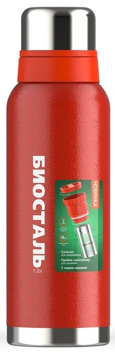Термос Biostal Охота (1,2 литра), 2 чашки, с ситечком, красный (NBR-1200Z-R)