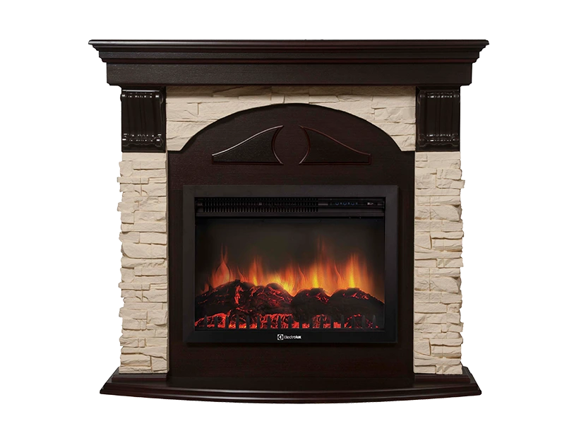 Электрокамин Electrolux EFP/P-2520LS с порталом Firelight Torre 25U (угловой) камень белый, шпон темный дуб