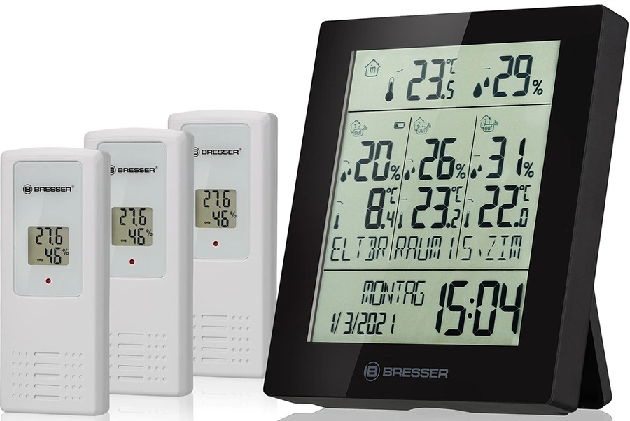 Цифровая метеостанция с радиодатчиком Bresser Temeo Hygro Quadro Prestige с тремя датчиками, черная (78584)