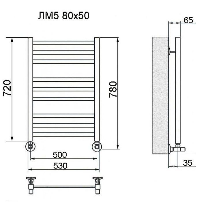 Водяной полотенцесушитель Ника ЛМ-5 80/50 RAL9016 белый матовый с вентилями фото#3