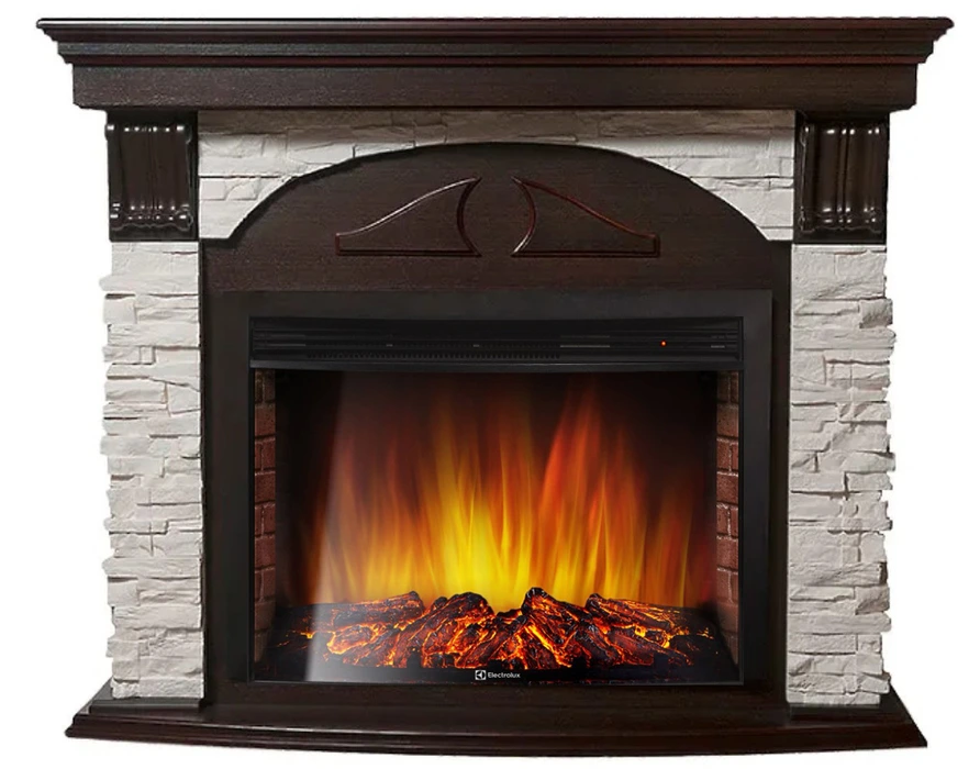 Электрокамин Electrolux EFP/P-2720RLS с порталом Firelight Torre 25U (угловой) камень белый, шпон темный дуб
