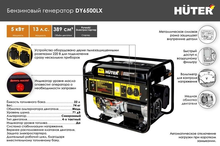 Бензиновый генератор Huter DY6500LX-электростартер фото#8