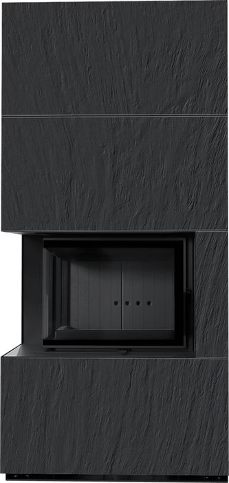 Готовый дровяной каминокомплект Kratki FLOKI PRO NATURALI ARDESIA NERO A SPACCO, угловое стекло слева, черная футеровка