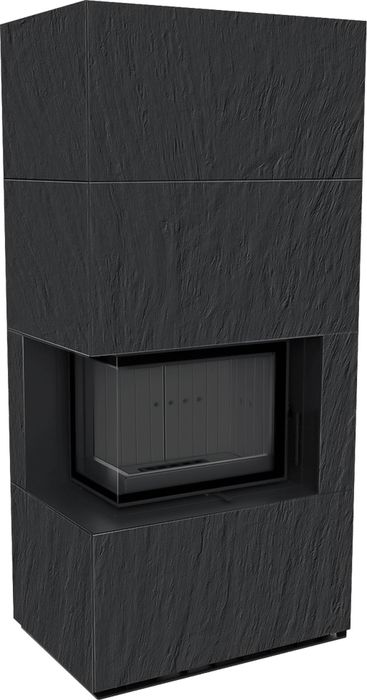 Готовый дровяной каминокомплект Kratki FLOKI PRO NATURALI ARDESIA NERO A SPACCO, угловое стекло слева, черная футеровка фото#2