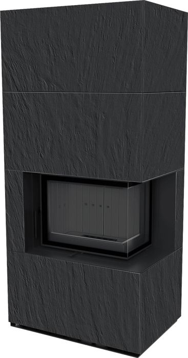 Готовый дровяной каминокомплект Kratki FLOKI PRO NATURALI ARDESIA NERO A SPACCO, угловое стекло справа, черная футеровка фото#2