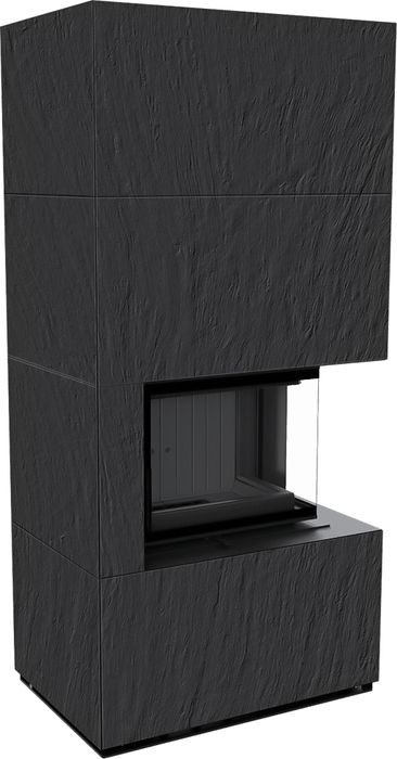 Готовый дровяной каминокомплект Kratki FLOKI PRO NATURALI ARDESIA NERO A SPACCO, угловое стекло справа, черная футеровка фото#3