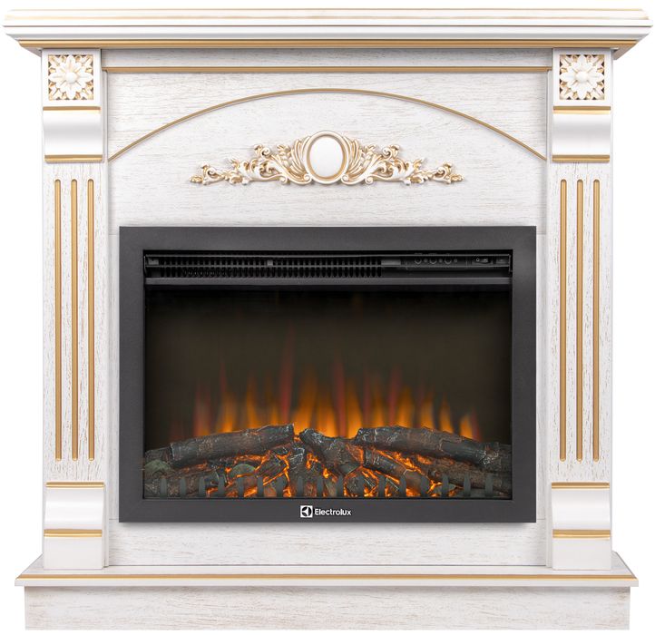 Электрокамин Electrolux EFP/P-2520LS N с порталом Firelight Barocco 25 шпон белый дуб с золотой патиной