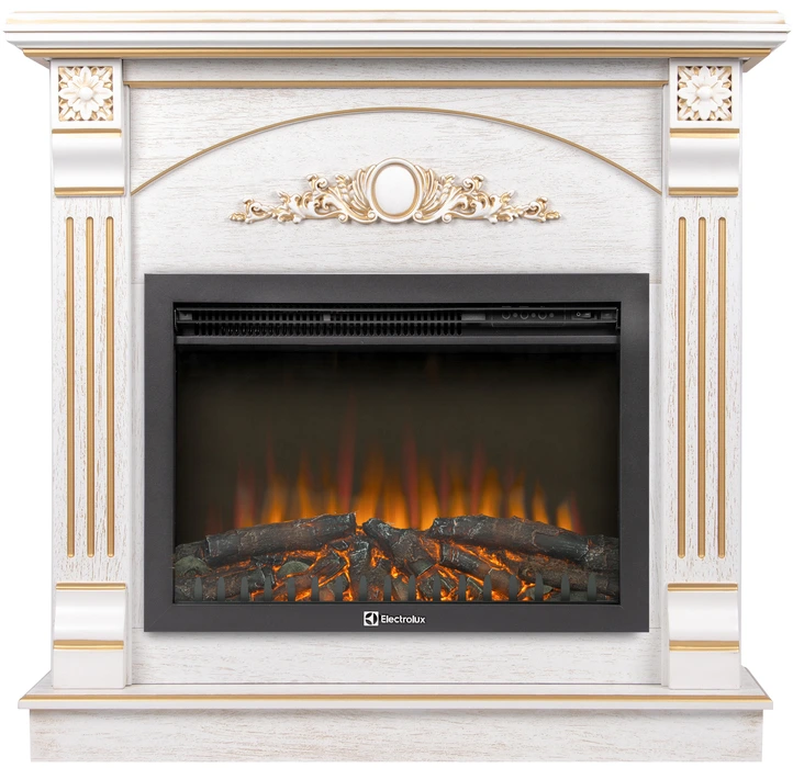 Электрокамин Electrolux EFP/P-2520LS N с порталом Firelight Barocco 25 шпон белый дуб с золотой патиной